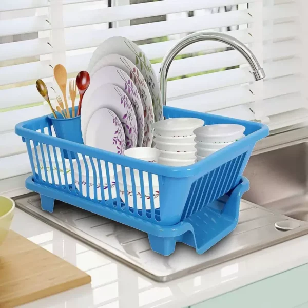 Quickmart Dish Drainer Kitchen Rack Plastic 3 in 1 Large Sink Set Dish Rack BLUE Drainer Drying Rack Washing Basket&Tray