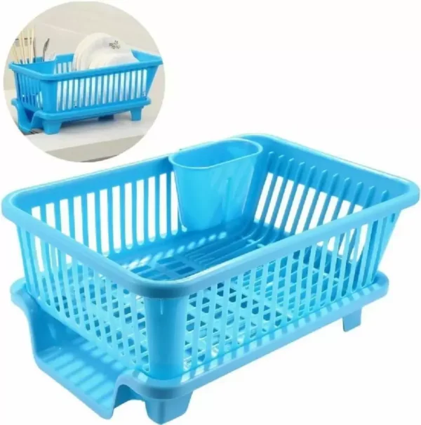 Quickmart Dish Drainer Kitchen Rack Plastic 3 in 1 Large Sink Set Dish Rack BLUE Drainer Drying Rack Washing Basket&Tray - Image 2